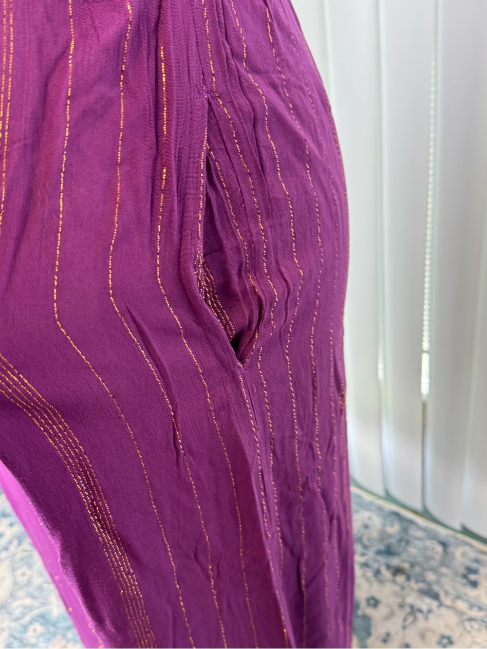 White Waves Purple Boho Wide Leg Jumpsuit Metallic Stripe S/M NWT - Picture 6 of 11